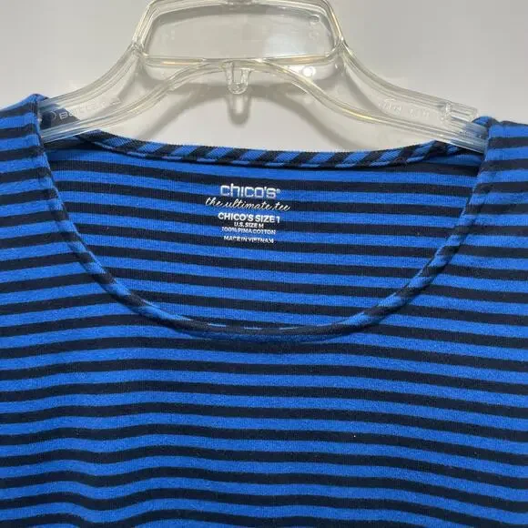 Chico's Top  Blue Striped Ultimate Tee Pima Cotton Side Slit 3/4 Sleeve size M/8 - Picture 2 of 9